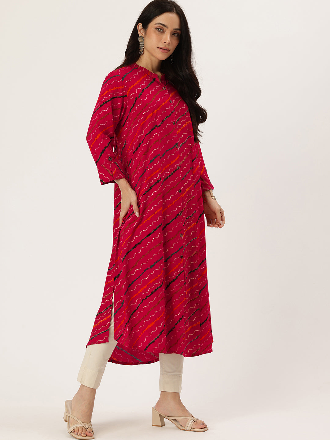 Pink Leheriya Printed Roll Up Sleeves Kurta, Princess Cur Kurta, A-Line Kurta, Leheriya  Print, Mandarin Collar kurta, printed kurta
