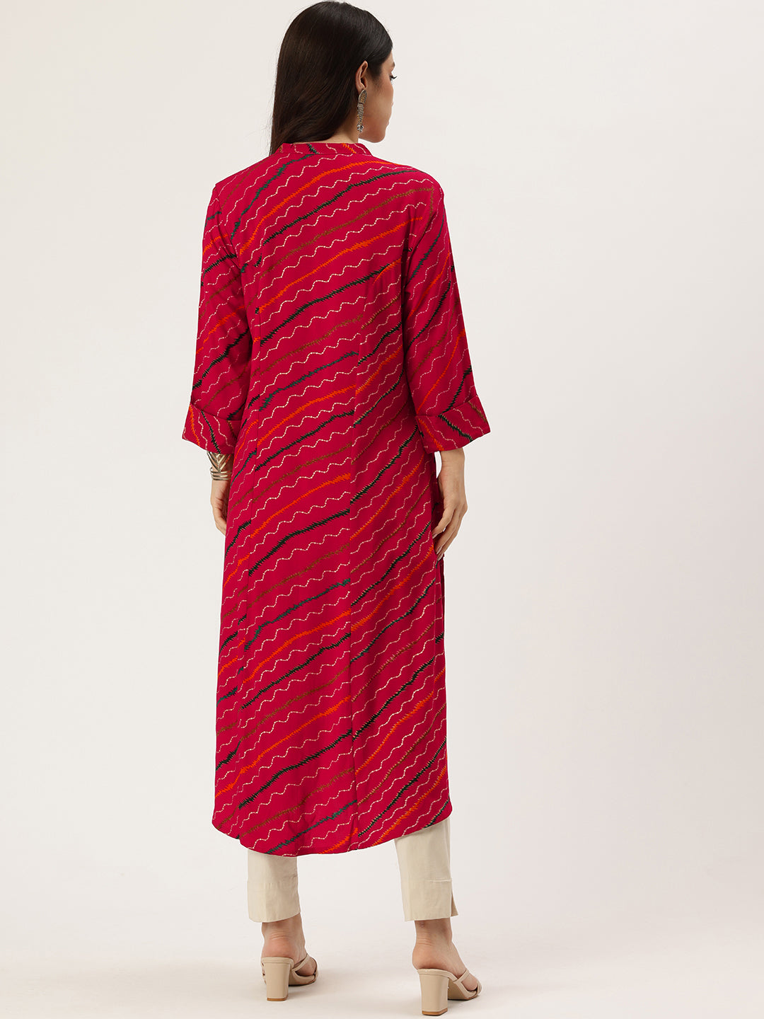 Pink Leheriya Printed Roll Up Sleeves Kurta, Princess Cur Kurta, A-Line Kurta, Leheriya  Print, Mandarin Collar kurta, printed kurta
