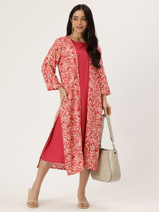 Pink Printed Dress With Shrug