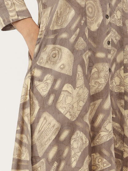 Beige Geometric Printed Kurta, Princess Cur Kurta, A-Line Kurta, Geometric  Print, printed kurta, V-neck kurta