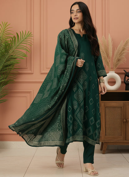 Green Bhandhani Printed Regular Kurta with Trouser & Dupatta, kurta set, Kurta with Trouser & Dupatta, Bhandhani printed kurta set
