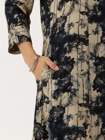 Beige Floral Printed Kurta, Floral Print, Mandarin Collar kurta, printed kurta