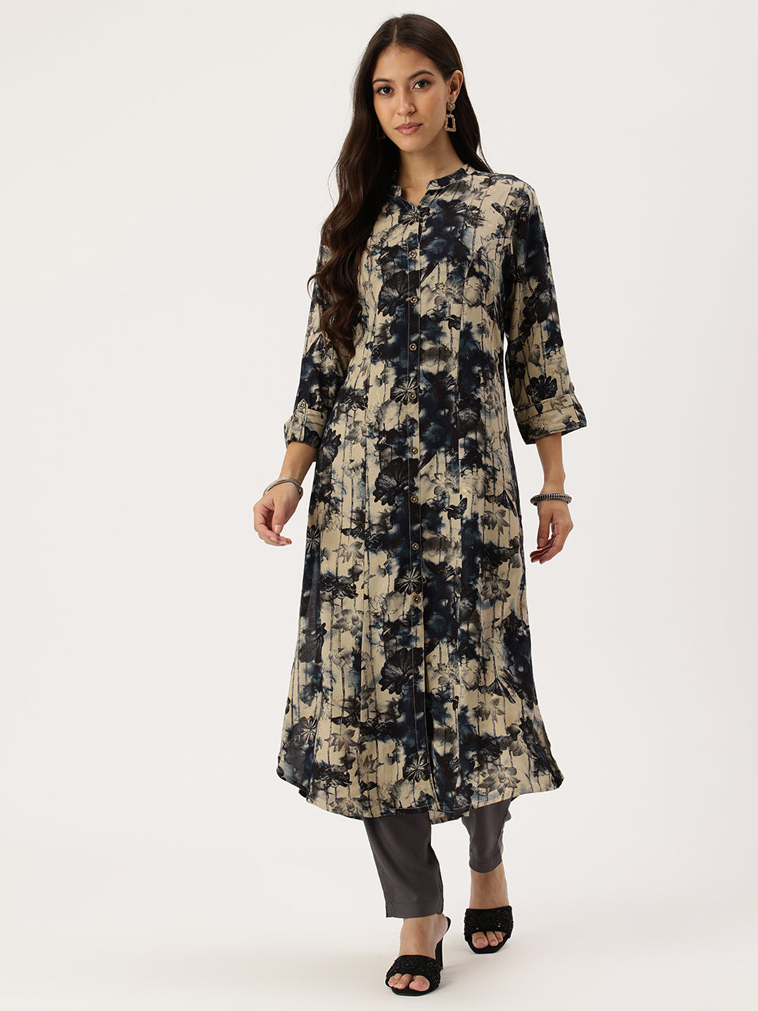 Beige Floral Printed Kurta, Floral Print, Mandarin Collar kurta, printed kurta