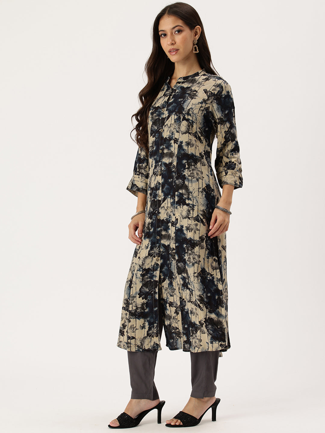 Beige Floral Printed Kurta, Floral Print, Mandarin Collar kurta, printed kurta