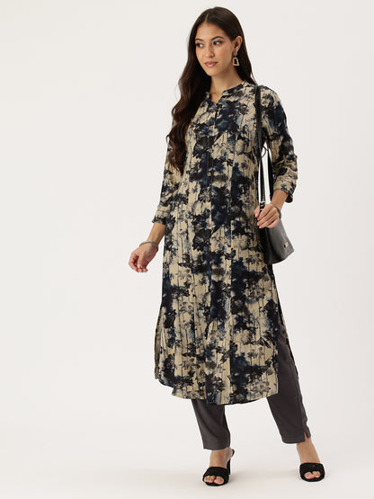 Beige Floral Printed Kurta, Floral Print, Mandarin Collar kurta, printed kurta
