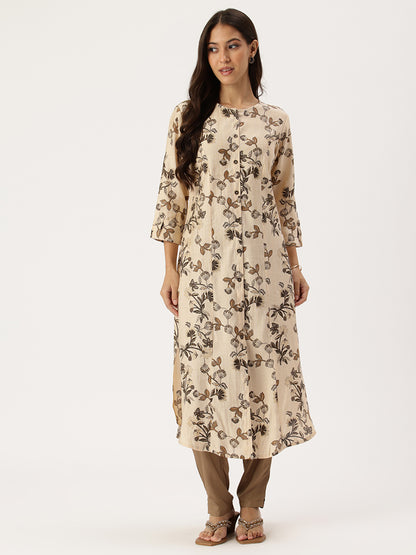 Beige Floral Printed Kurta