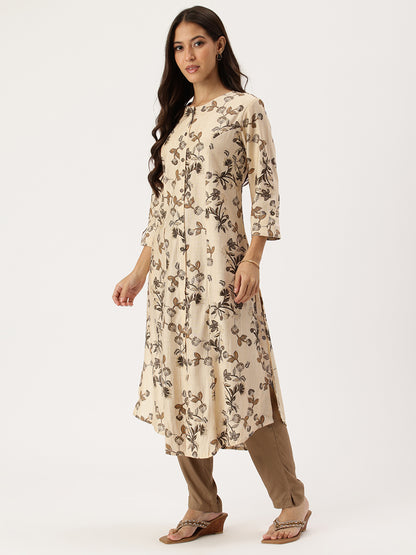 Beige Floral Printed Kurta