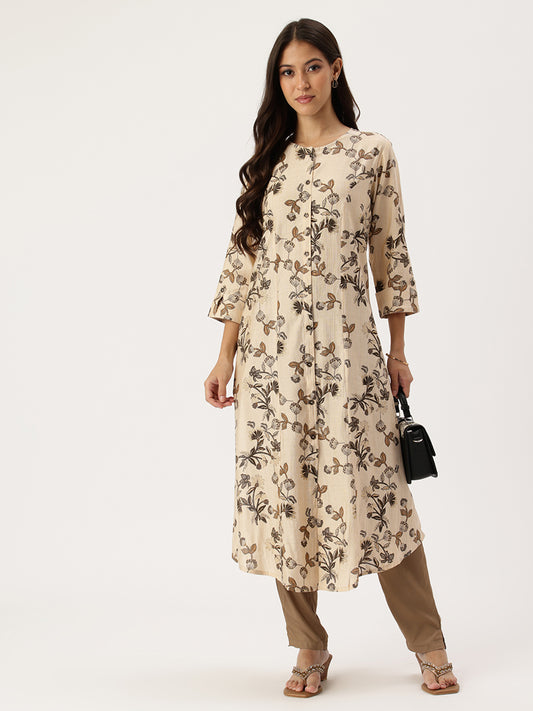 Beige Floral Printed Kurta