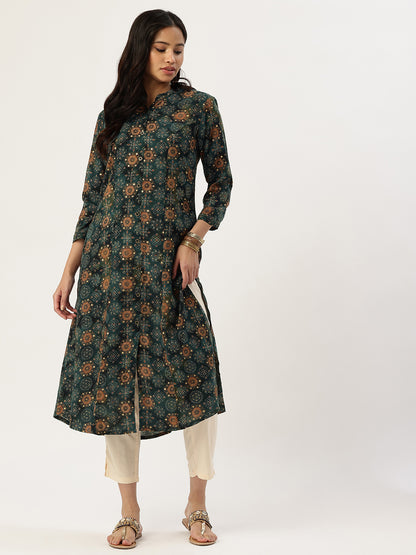 Green Geometric Printed Kurta
