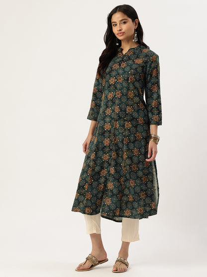 Green Geometric Printed Kurta