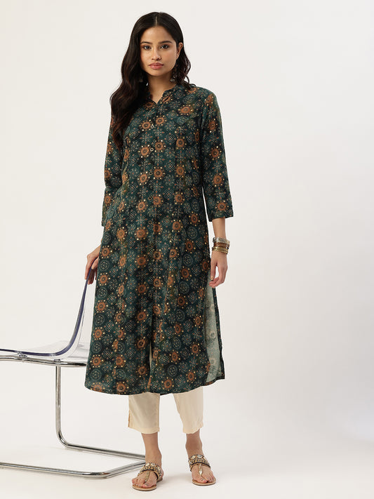 Green Geometric Printed Kurta