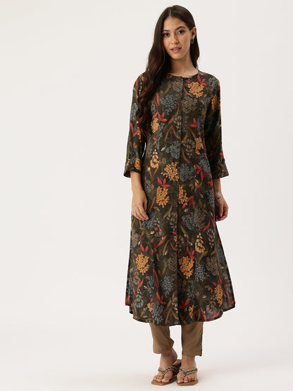 Black Floral Printed Kurta, Princess Cur Kurta, A-Line Kurta, Floral Print, Round Neck kurta, printed kurta