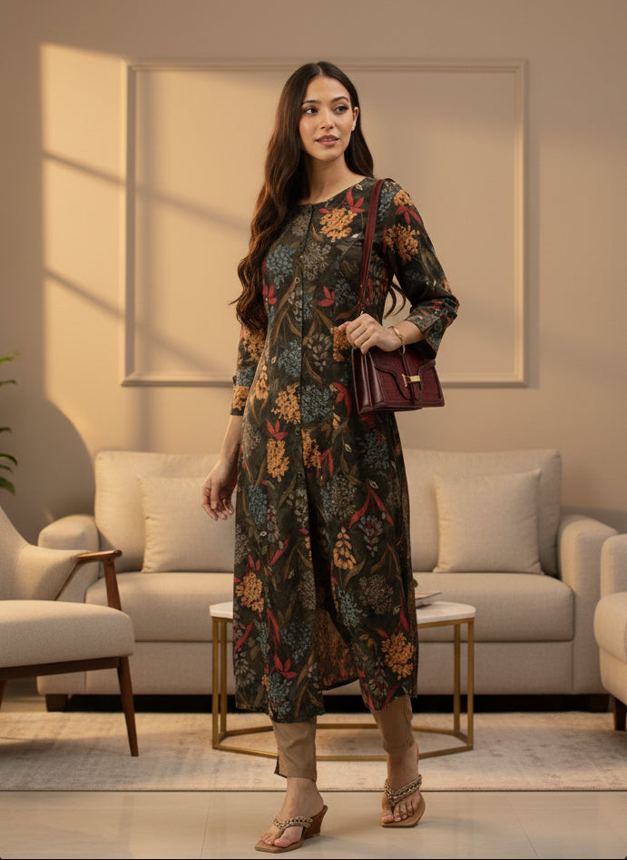 Black Floral Printed Kurta, Princess Cur Kurta, A-Line Kurta, Floral Print, Round Neck kurta, printed kurta
