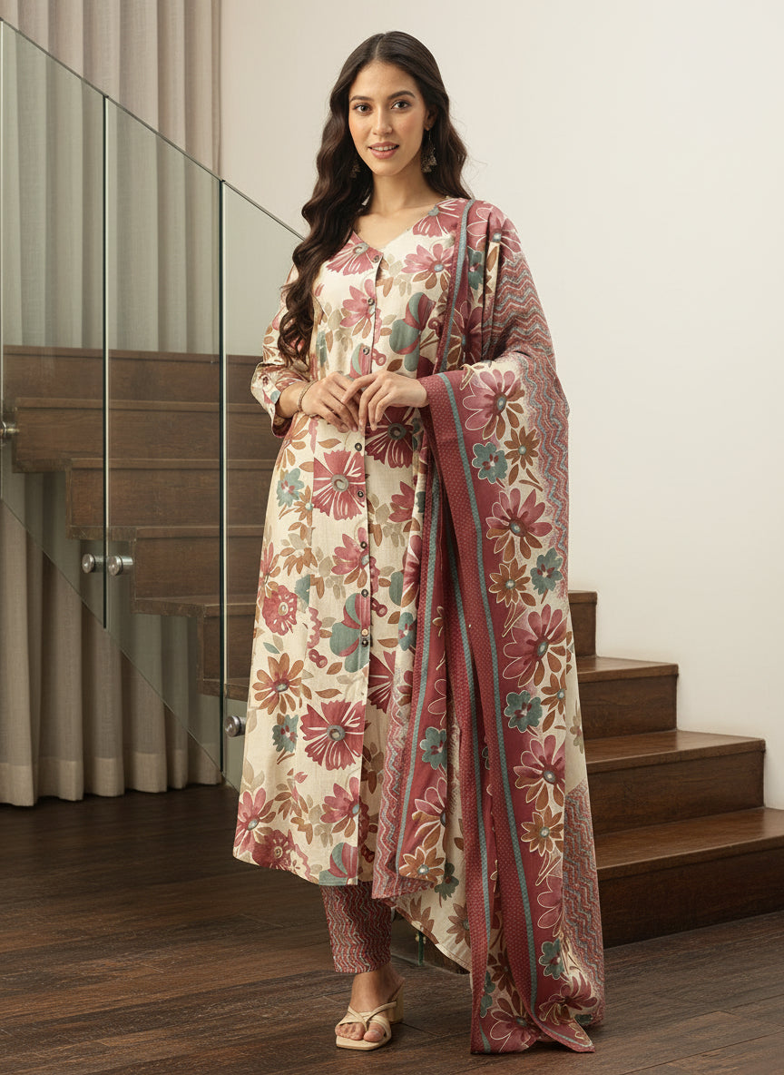Pink Floral Printed Regular Kurta with Trouser & Dupatta, kurta set, Kurta with Trouser & Dupatta, floral printed kurta set
