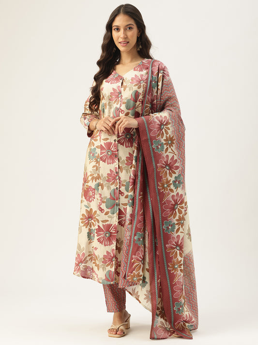Pink Floral Printed Regular Kurta with Trouser & Dupatta