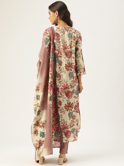 Pink Floral Printed Regular Kurta with Trouser & Dupatta, kurta set, Kurta with Trouser & Dupatta, floral printed kurta set