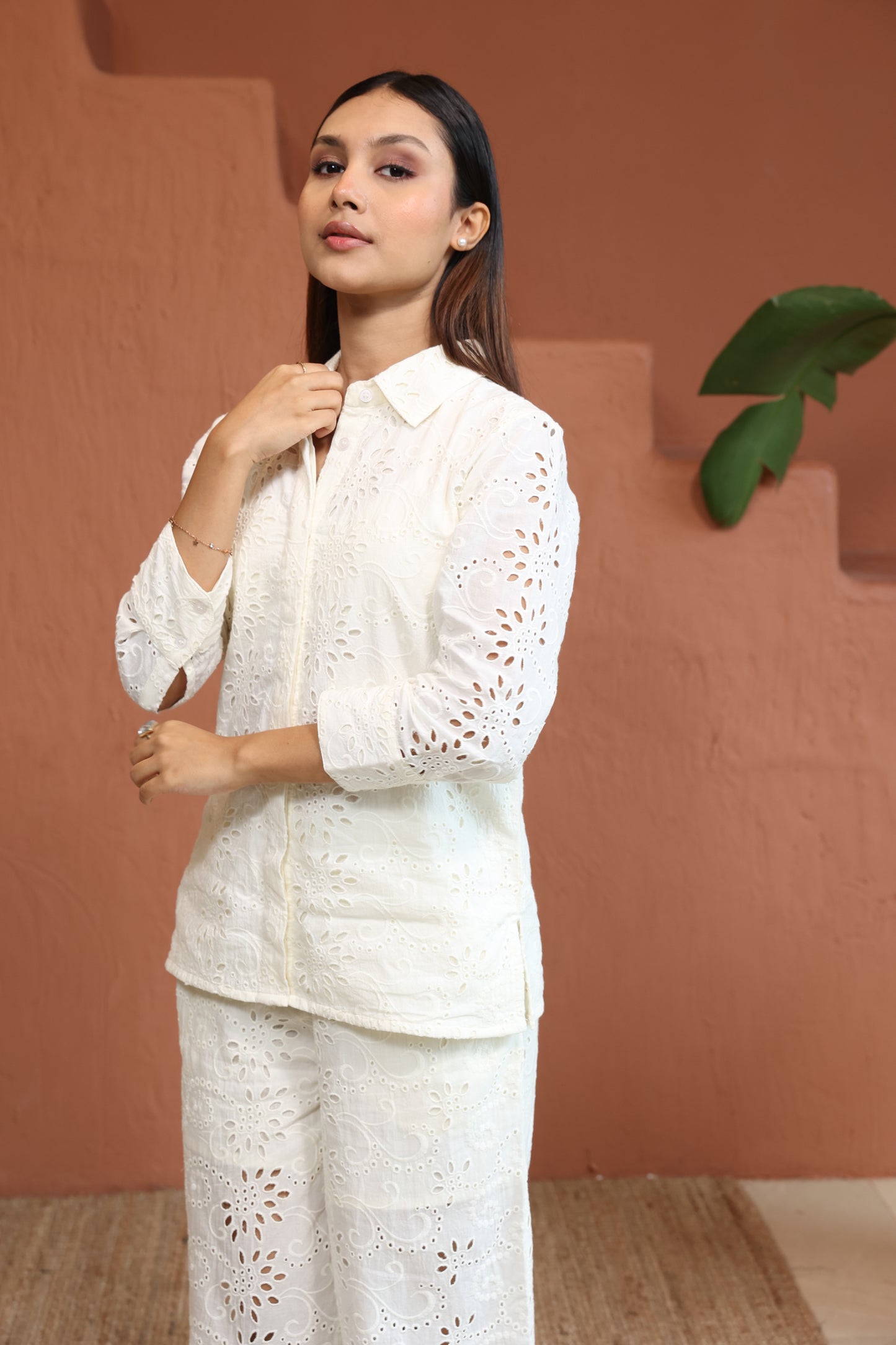 White Top With Trouser Schiffli Co-Ords