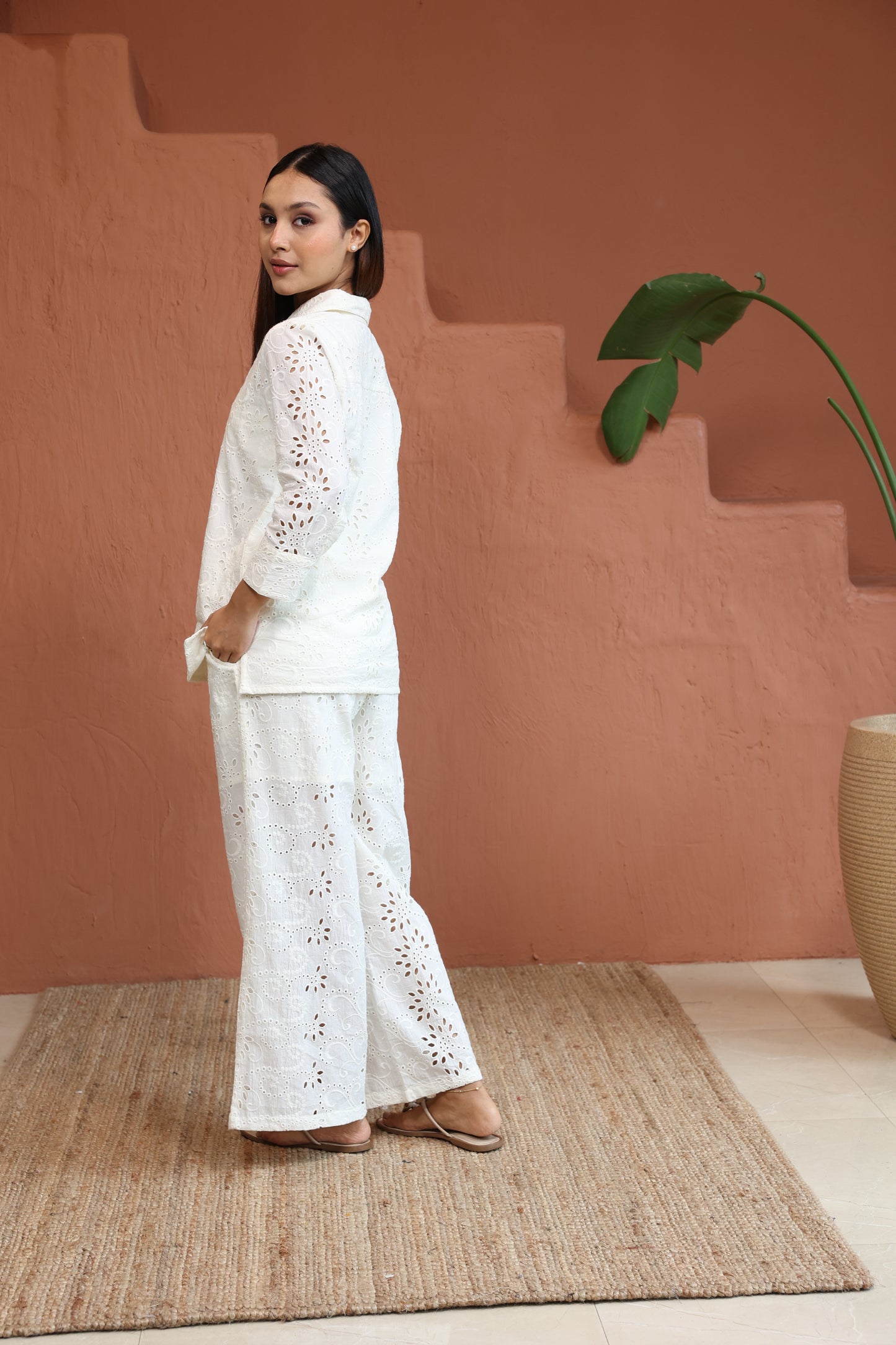 White Top With Trouser Schiffli Co-Ords