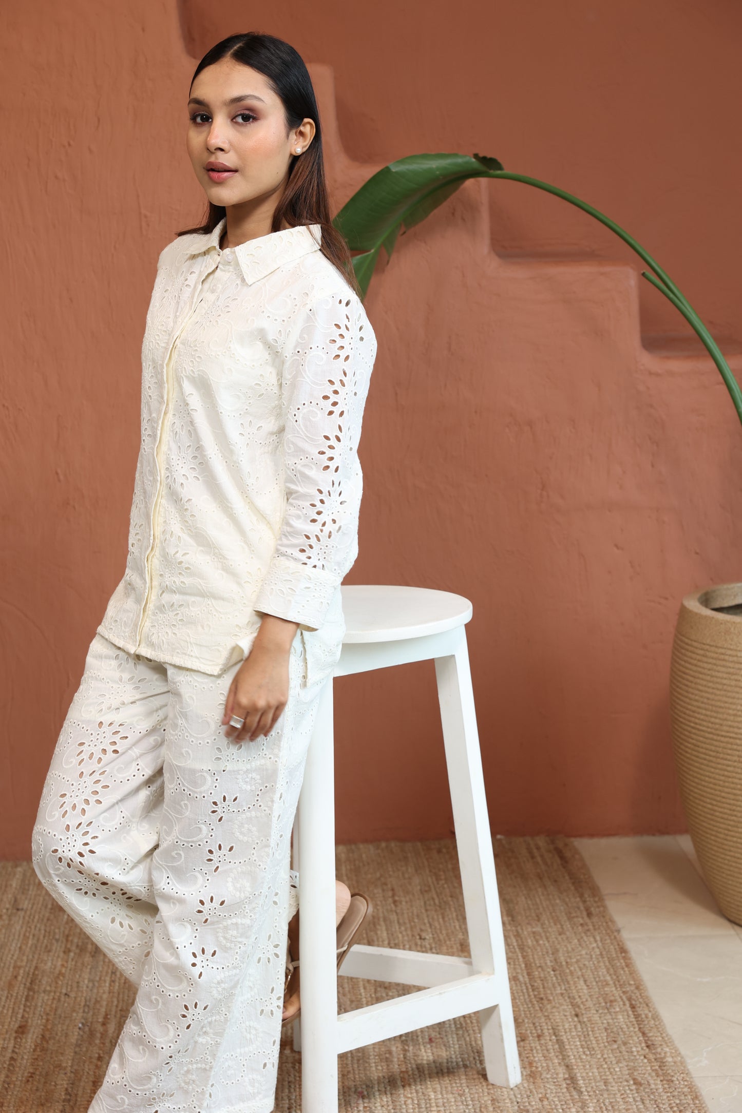 White Top With Trouser Schiffli Co-Ords