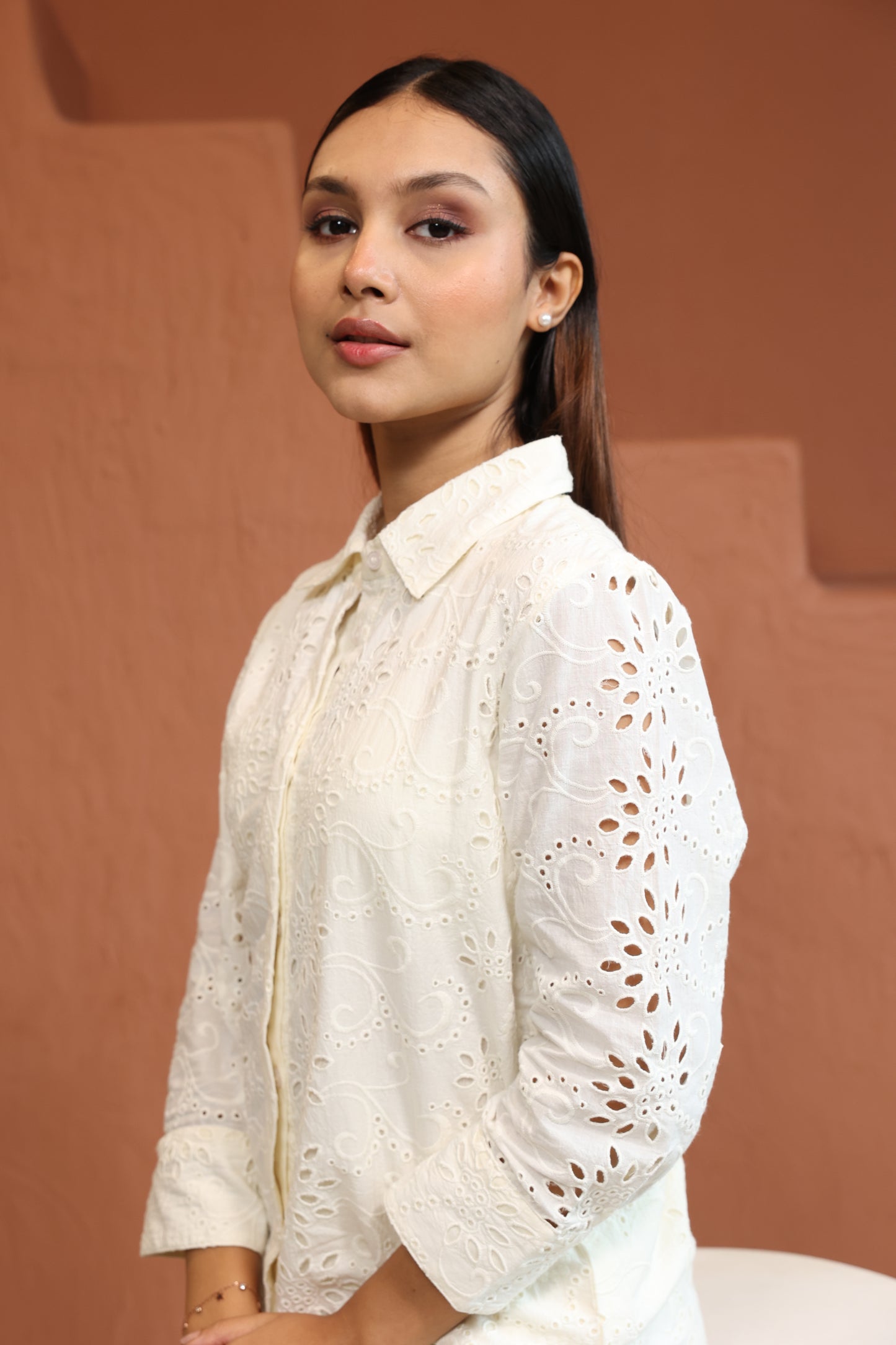 White Top With Trouser Schiffli Co-Ords