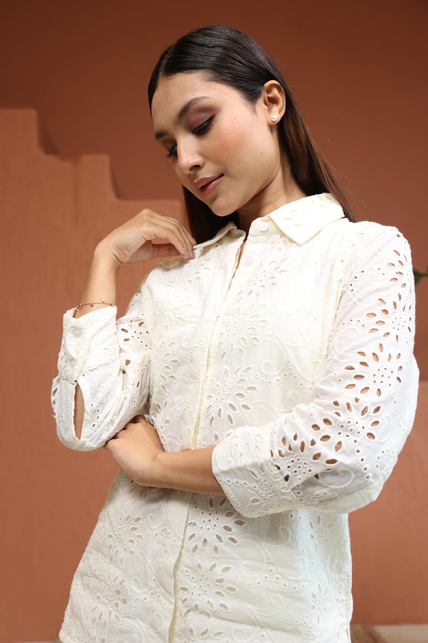 White Top With Trouser Schiffli Co-Ords
