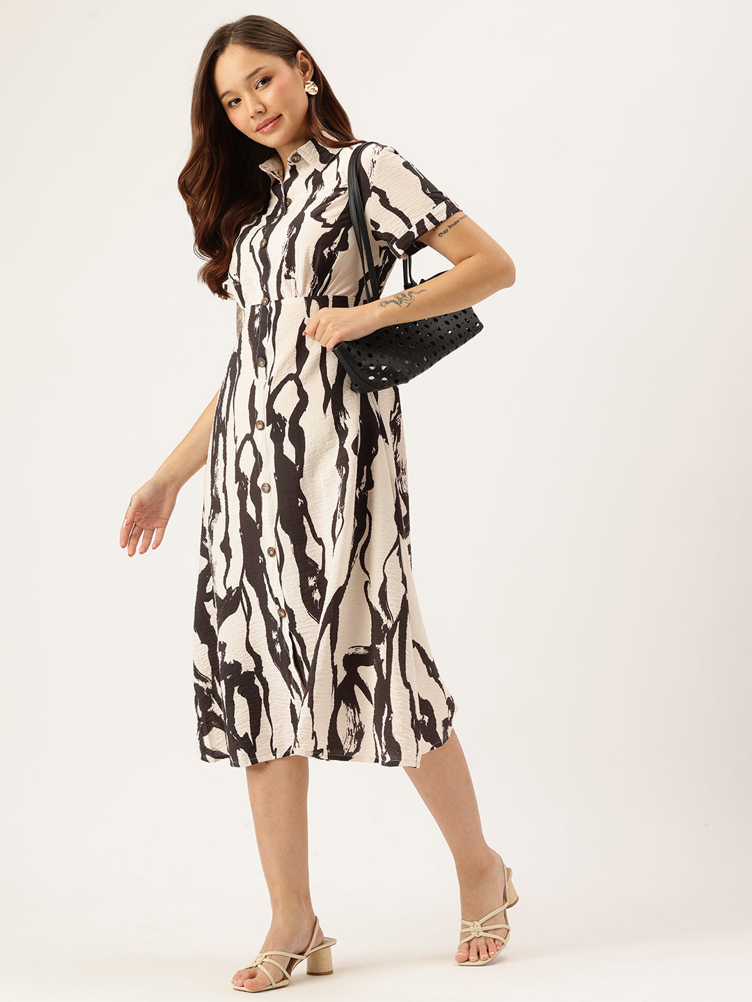 Beige & Black Abstract Printed Shirt Midi Dress