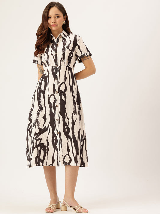 Beige & Black Abstract Printed Shirt Midi Dress