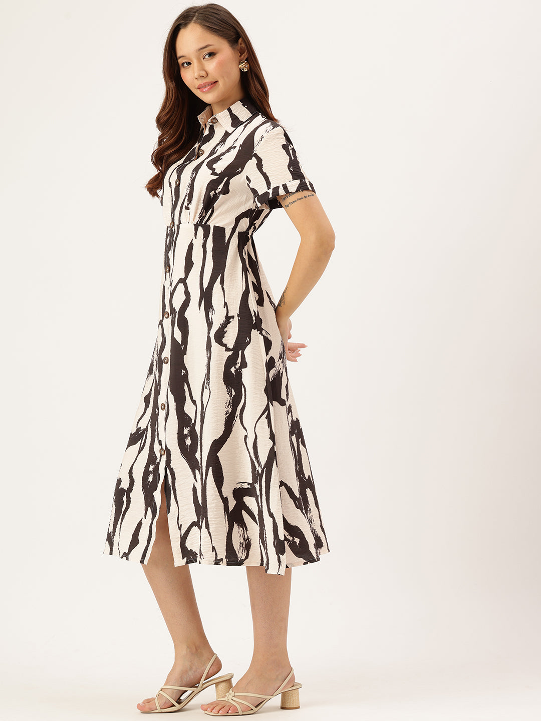 Beige & Black Abstract Printed Shirt Midi Dress