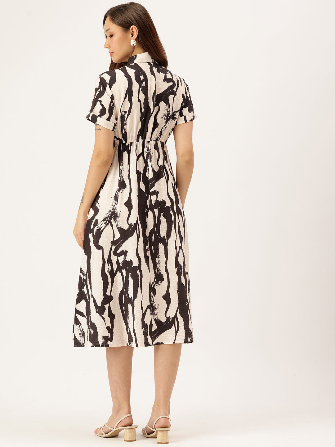 Beige & Black Abstract Printed Shirt Midi Dress