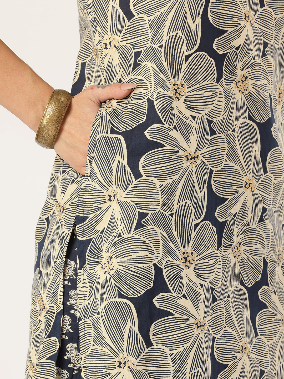Beige & Blue Floral Printed Kurta with Trouser & Dupatta