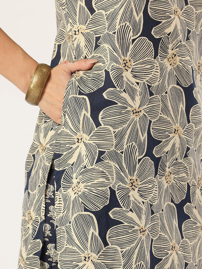 Beige & Blue Floral Printed Kurta with Trouser & Dupatta