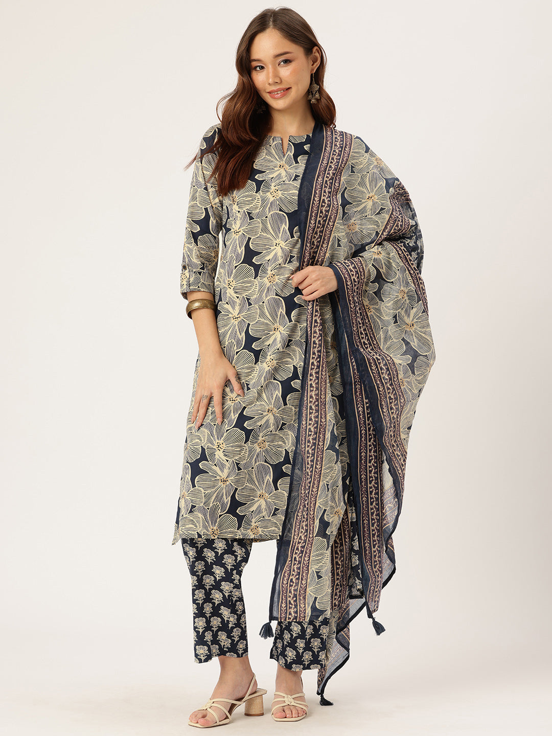 Beige & Blue Floral Printed Kurta with Trouser & Dupatta