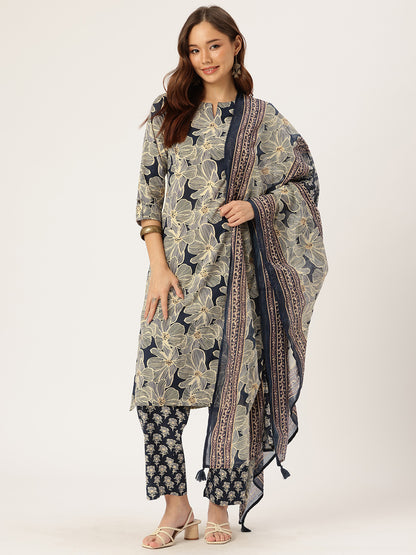 Beige & Blue Floral Printed Kurta with Trouser & Dupatta
