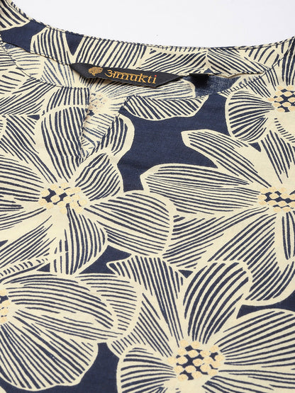Beige & Blue Floral Printed Kurta with Trouser & Dupatta