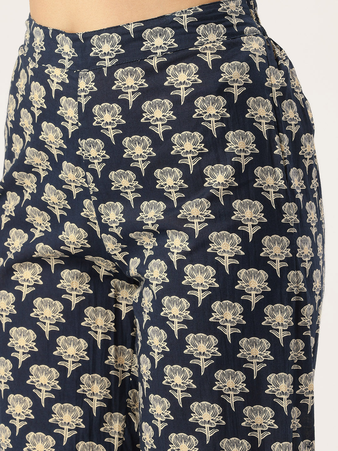 Beige & Blue Floral Printed Kurta with Trouser & Dupatta