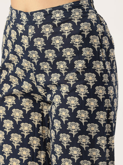 Beige & Blue Floral Printed Kurta with Trouser & Dupatta