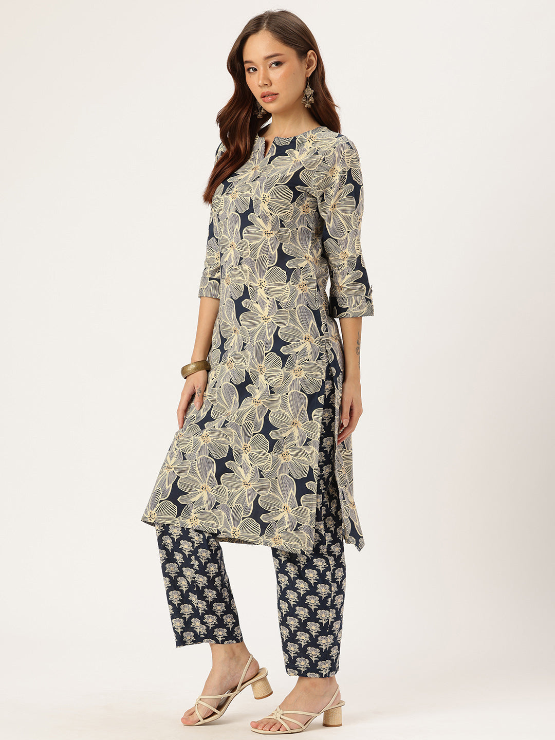 Beige & Blue Floral Printed Kurta with Trouser & Dupatta