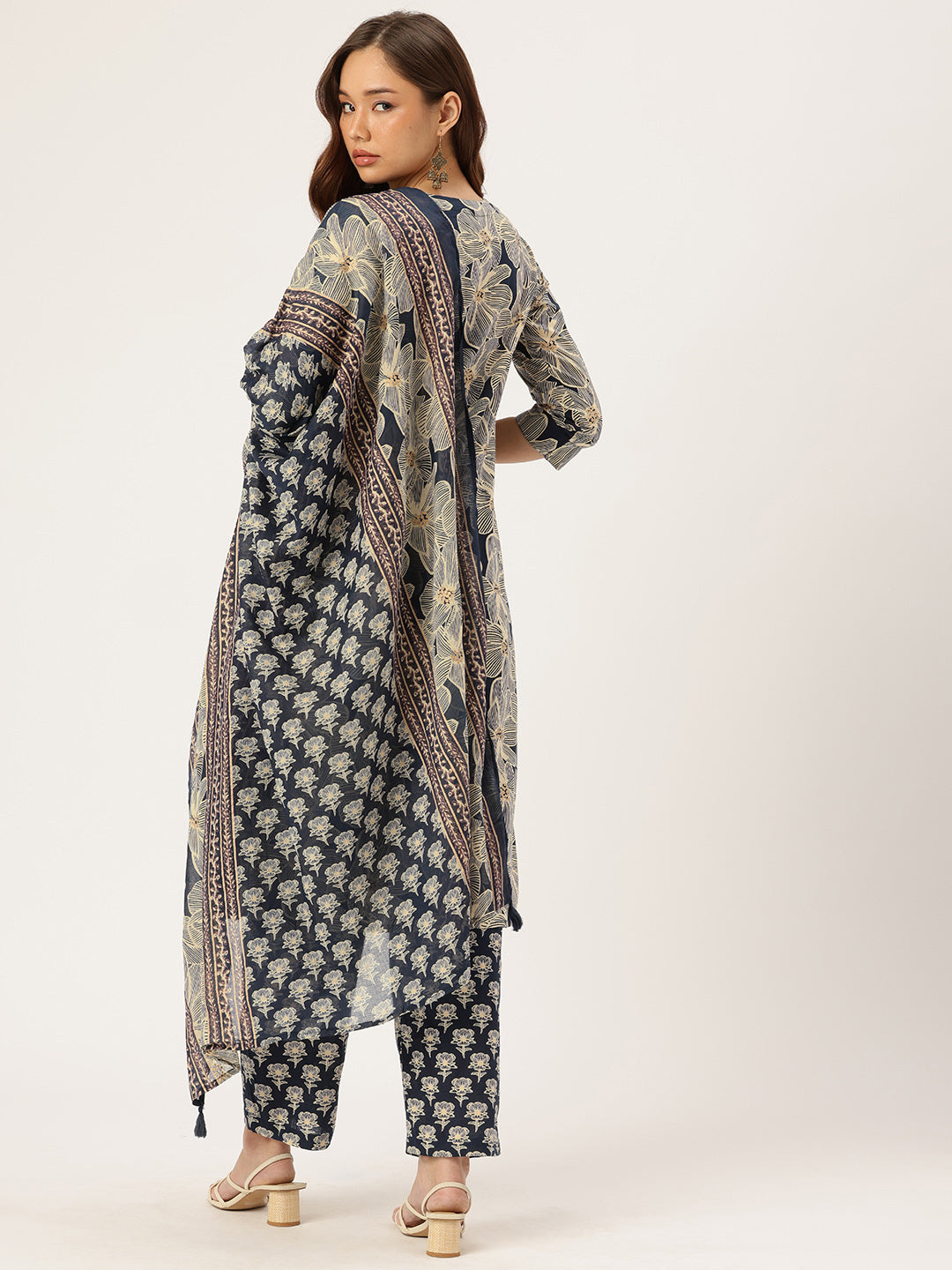 Beige & Blue Floral Printed Kurta with Trouser & Dupatta