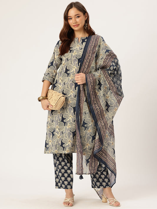 Beige & Blue Floral Printed Kurta with Trouser & Dupatta
