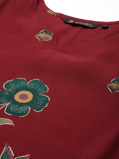 Red Floral Printed Regular Kurta with Trouser & Dupatta