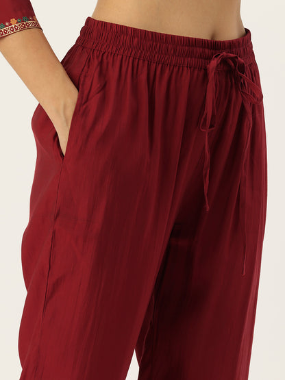 Red Floral Printed Regular Kurta with Trouser & Dupatta