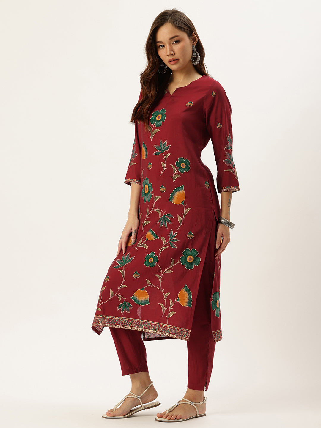 Red Floral Printed Regular Kurta with Trouser & Dupatta