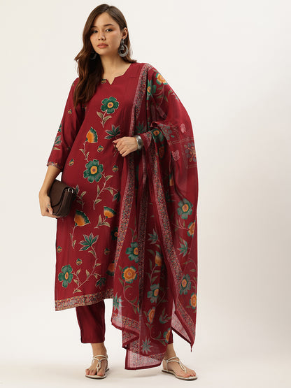 Red Floral Printed Regular Kurta with Trouser & Dupatta