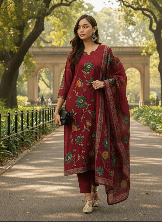 Red Floral Printed Regular Kurta with Trouser & Dupatta, kurta set, Kurta with Trouser & Dupatta, floral printed kurta set
