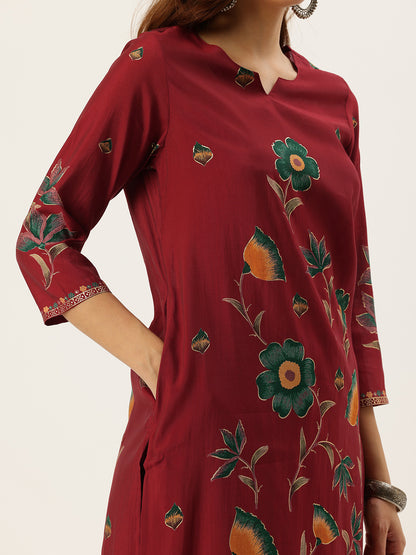 Red Floral Printed Regular Kurta with Trouser & Dupatta