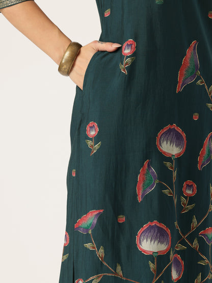 Teal Floral Printed Regular Kurta with Trouser & Dupatta