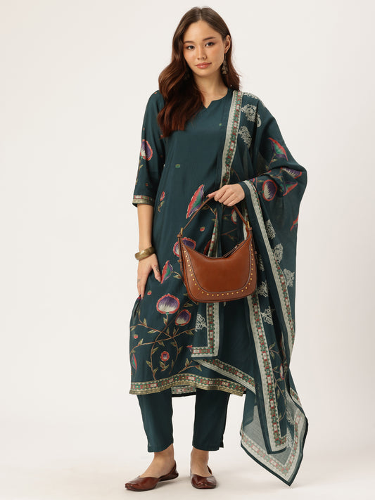Teal Floral Printed Regular Kurta with Trouser & Dupatta