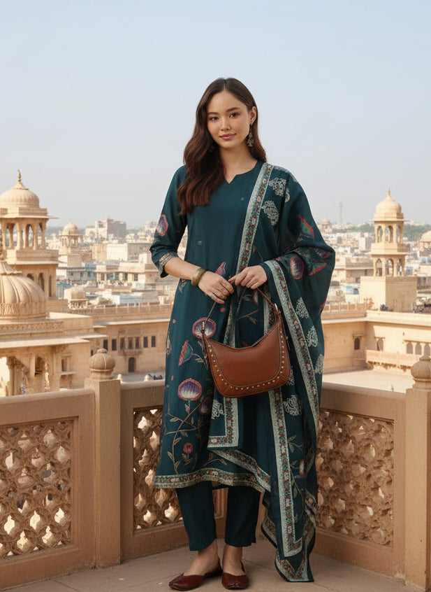 Teal Floral Printed Regular Kurta with Trouser & Dupatta, kurta set, Kurta with Trouser & Dupatta, floral printed kurta set
