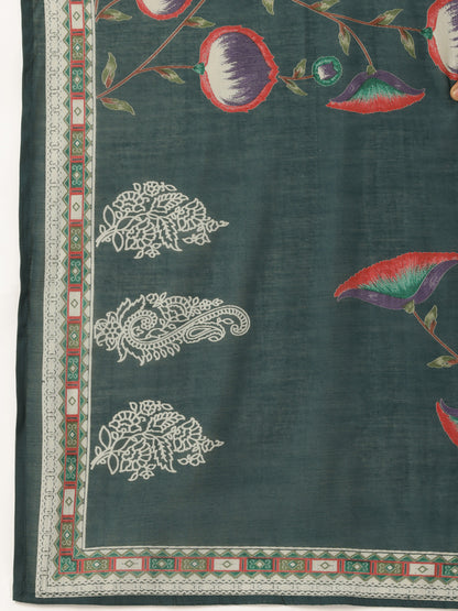 Teal Floral Printed Regular Kurta with Trouser & Dupatta