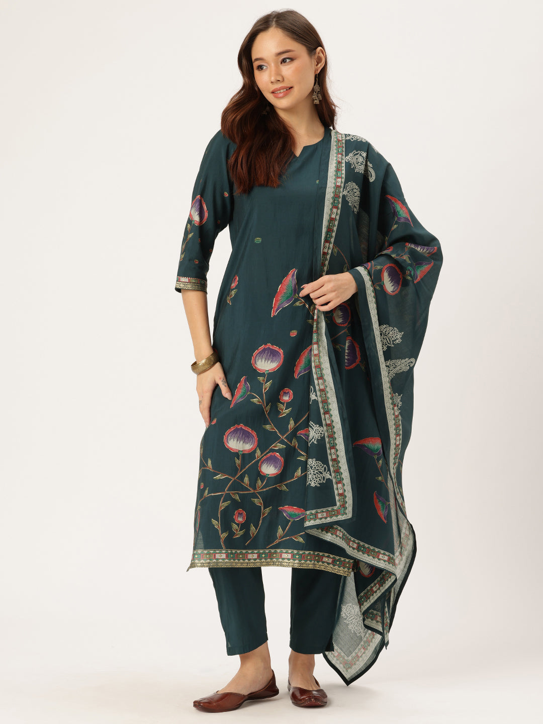 Teal Floral Printed Regular Kurta with Trouser & Dupatta